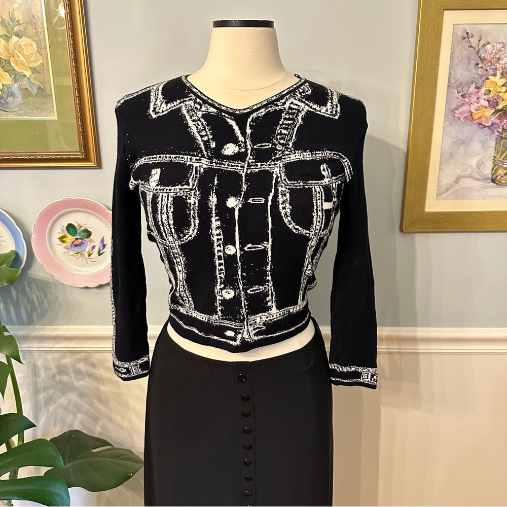 Vtg Angelica Val Denim Jacket Print Black White Sweater Small Pop Art To Wear